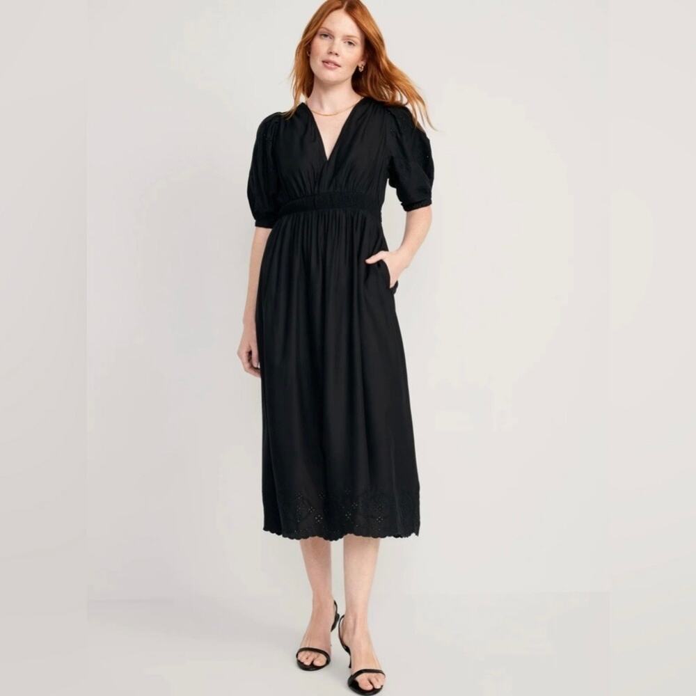 Old Navy Babydoll Eyelet Puff Sleeve Fairy Midi Dress Womens Large Dark Romantic